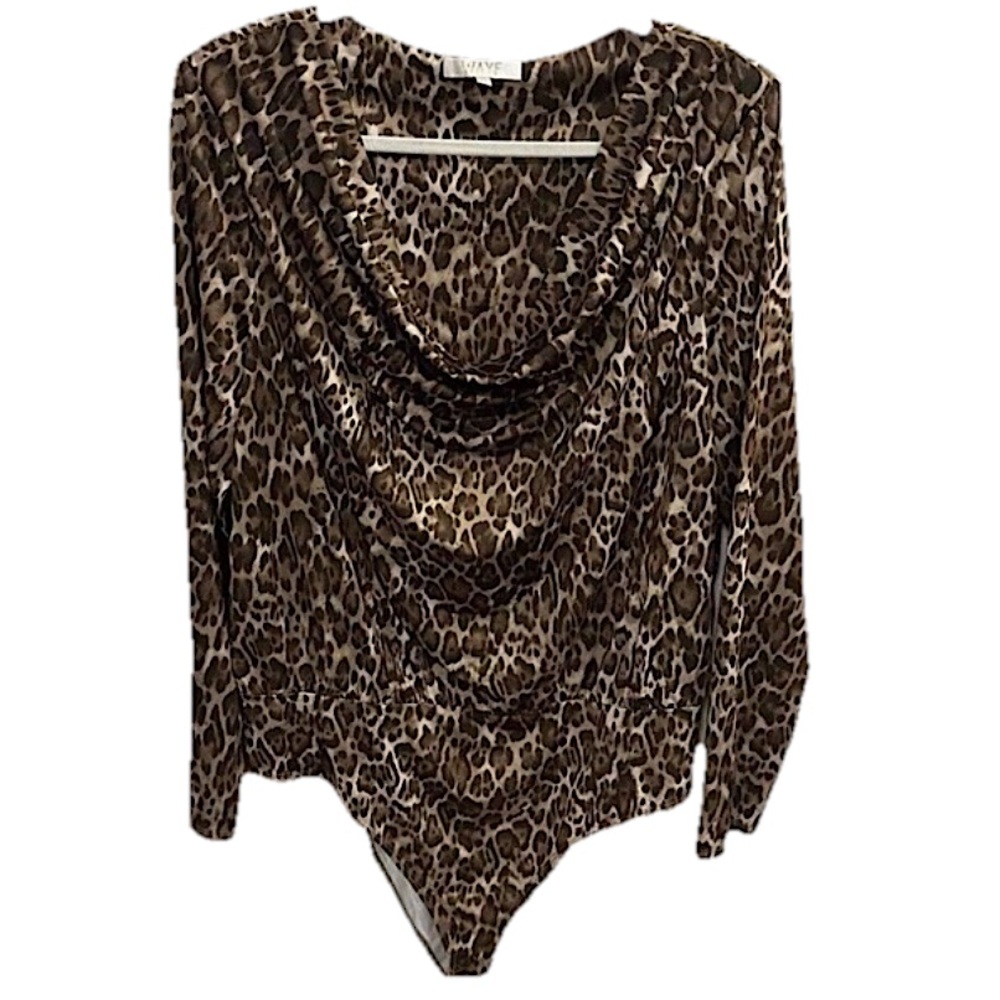 WAYF Solano Leopard Print Bodysuit‎ NWOT Size XL Cowl Neck Feminine Long Sleeve